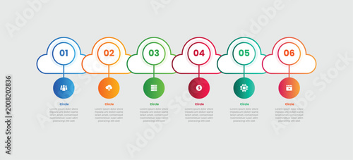 Circle base infographic with gradient style with cloud shape on horizontal list stacked layer with 6 elements stages