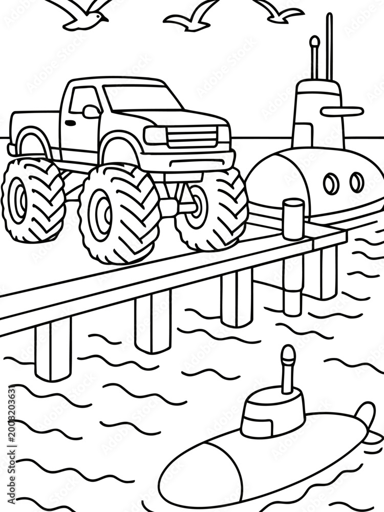 Fototapeta premium Monster Truck Meets Submarines: A whimsical monochrome scene of a towering monster truck parked on a pier, sharing space with two submarines floating in the water above a sea horizon.