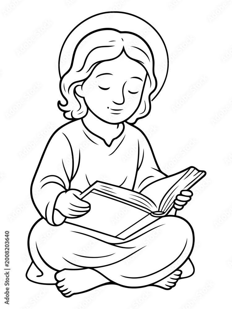 Obraz premium Meditating Angel: A serene angel sits in peaceful contemplation, deeply engrossed in a sacred book, its halo radiating an aura of tranquility and divine connection.