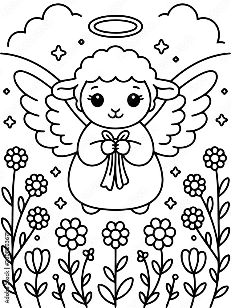 Naklejka premium Angel Lamb in Bloom: A serene illustration of an angel lamb, gracefully poised amidst a field of blooming flowers, evoking themes of faith and spring.