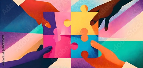 Diverse hands assembling colorful puzzle pieces together in teamwork and collaboration