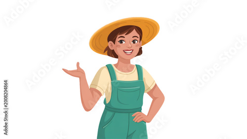 Photos Cheerful cartoon girl in green overalls and straw hat waving outdoors Vector
