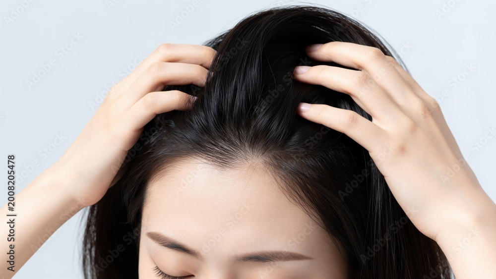 Naklejka premium Head Massage: A close-up view of a person gently massaging their scalp, promoting relaxation and well-being. Focusing on the sensory experience and serene atmosphere.