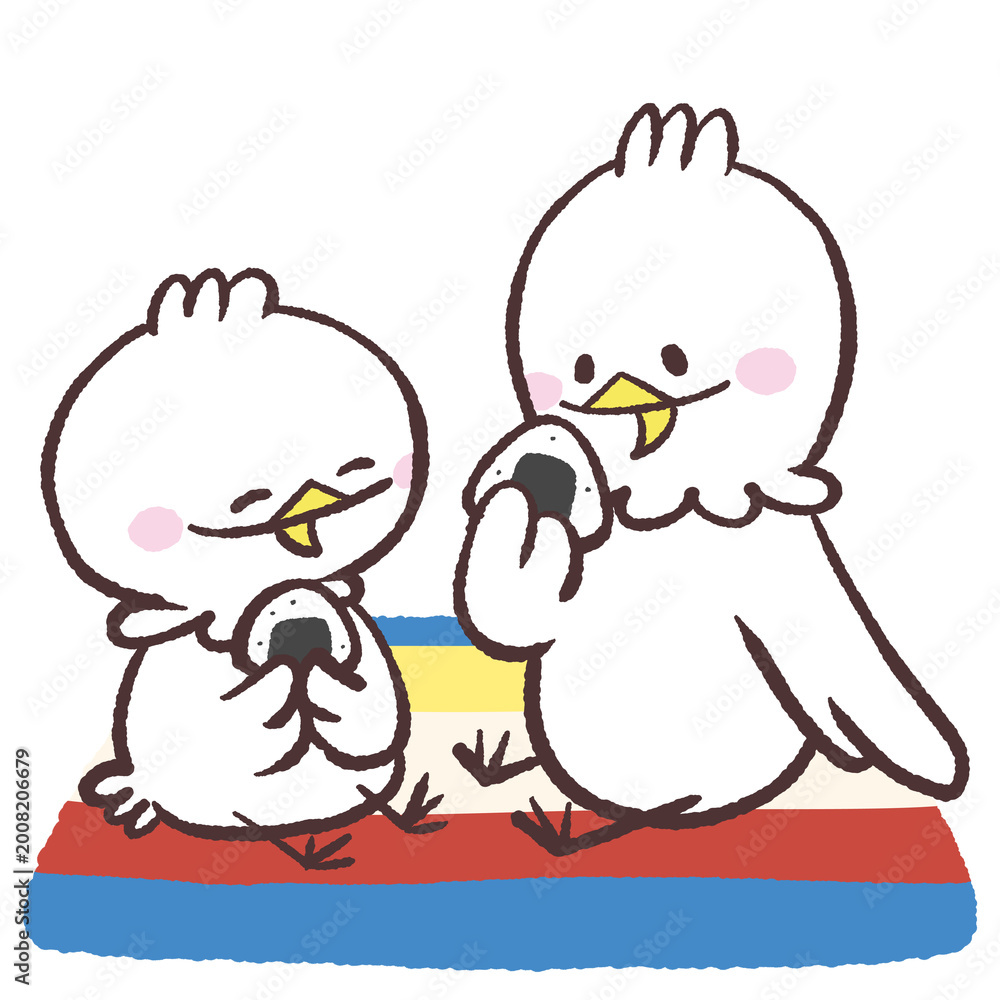 Fototapeta premium シートの上でおむすびを食べる白い鳥達のイラスト