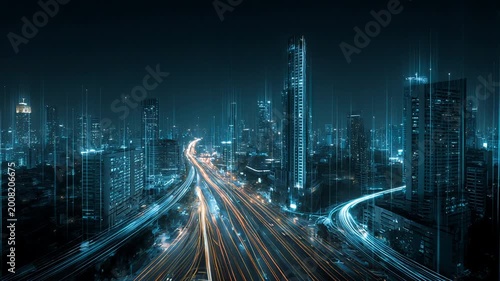 Smart city digital transformation concept with light trails over modern urban skyline at night, fast internet communication, 5g and fiber optic technology
