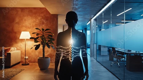 Spatial Dichotomy Hybrid Work Equilibrium Female Silhouette Balancing Between Warm Home And Cold Corporate Office Liminal Space