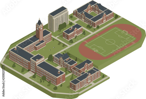 Isometric university campus map featuring educational buildings college library clock tower sports stadium with running track and soccer field vector illustration.