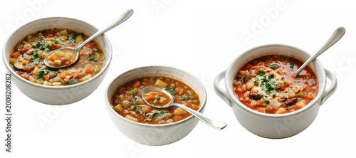 Fotografi Comforting bowls of hearty vegetable soup in stoneware, cozy homemade meal idea