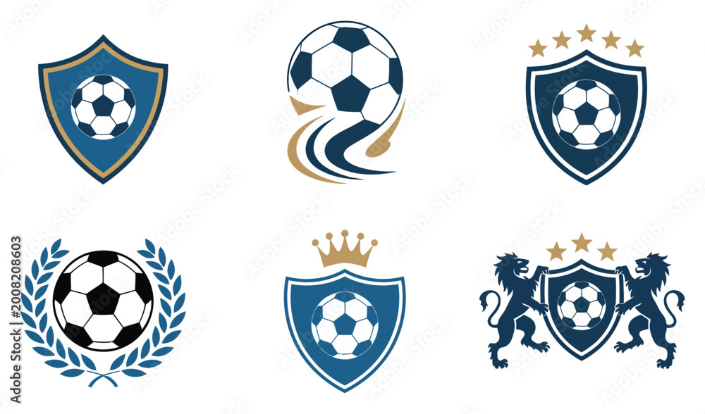 Fototapeta premium Soccer trophy and shield emblem set laurel wreath crown star ribbon lion crest club identity design vector illustration collection