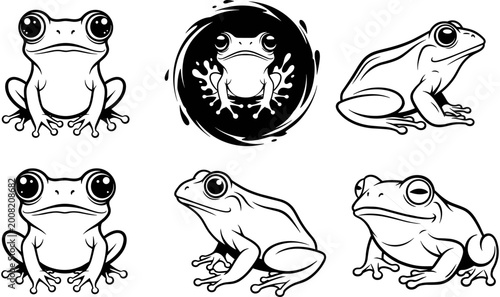 Canvas-taulu Frog vector illustration set, black and white toad collection, hand drawn amphibian line art, cute animal icons, nature wildlife design