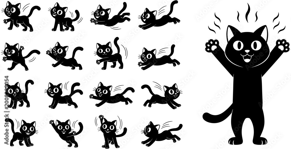 Fototapeta premium Set of black and white vector illustrations of a cartoon cat in various poses, including walking, jumping, and running, silhouette.