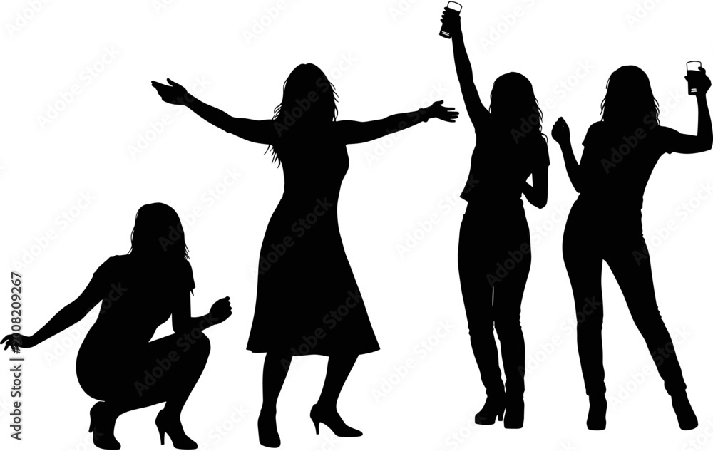 Fototapeta premium Black, silhouette, collection, of, young, women, dancing, partying, and, celebrating, with, drinks, in, hand, isolated, on, white, background, vector, set.