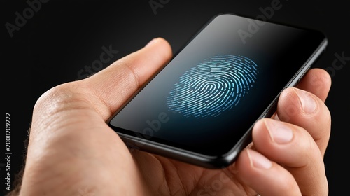 Smartphone fingerprint scan person s hand holding device showing clear fingerprint smudge emphasizing security feature