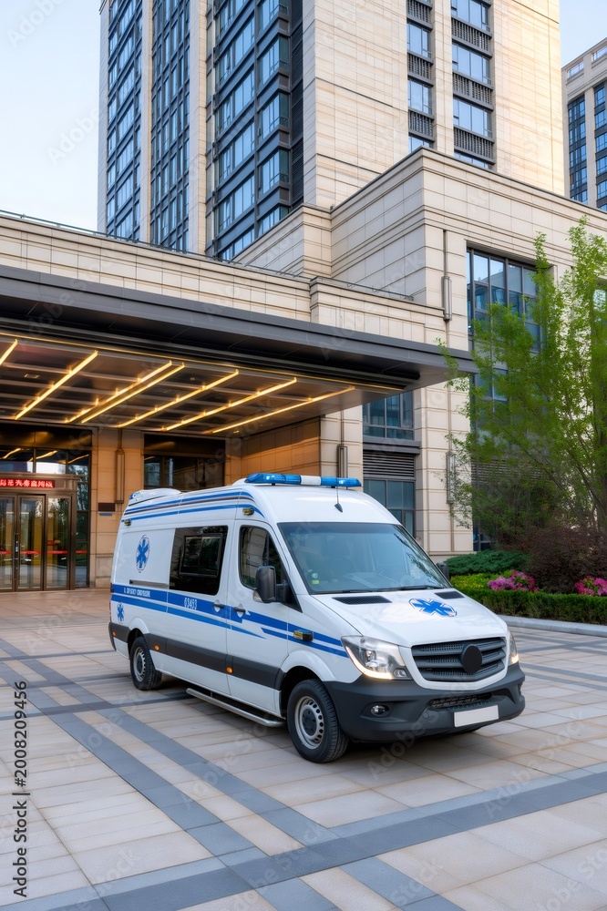 Fototapeta premium Ambulance parked at hospital entrance providing emergency medical services