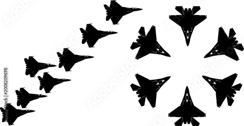Photos Fighter jet silhouette set featuring military aircraft flying in formation, air show maneuvers, combat planes, and aerospace aviation vector icons