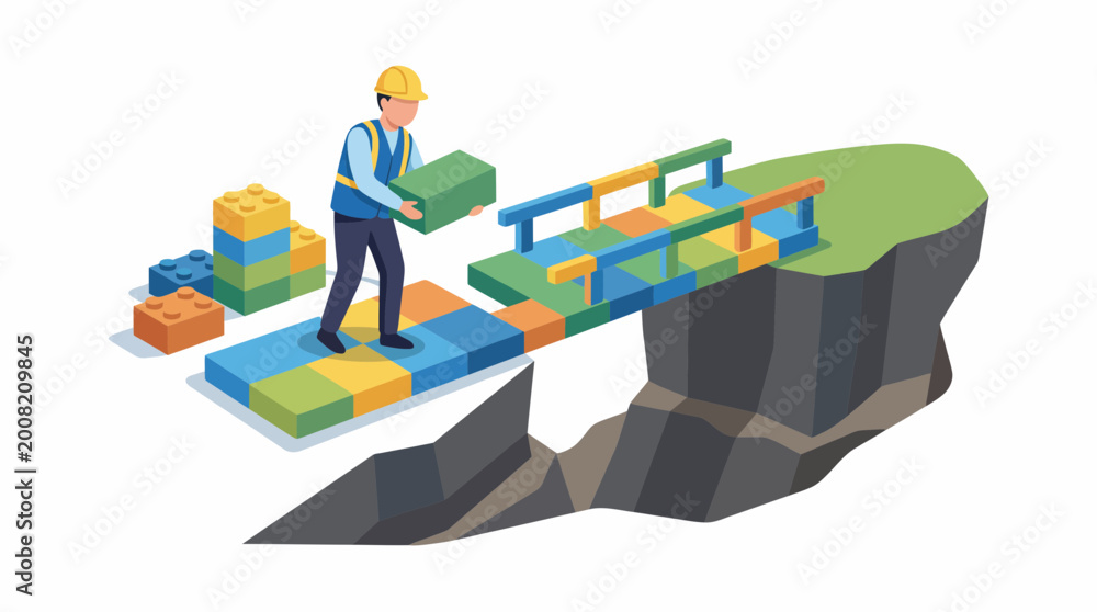 Naklejka premium Construction Worker Building Bridge with Toy Blocks Isometric Vector