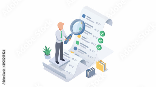 Businessman Inspecting Checklist with Magnifying Glass Isometric