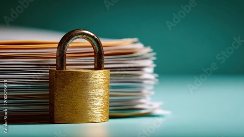 Solid metal padlock secures a thick stack of disorganized documents against a teal background