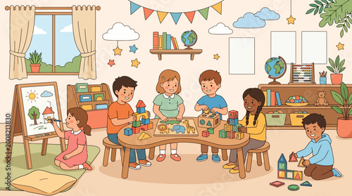 Children play and learn in a colorful classroom with toys and educational tools around them