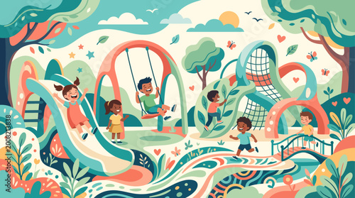 Children play on colorful playground equipment in a vibrant park with swings and slides on a sunny day