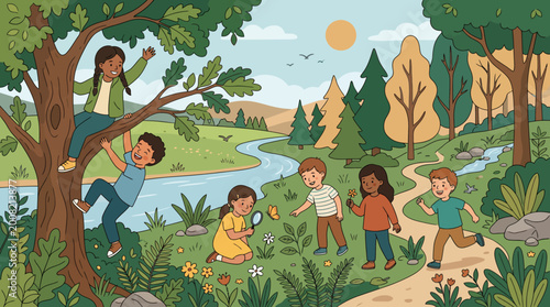 Children play outside in a park on a sunny day near a river with trees