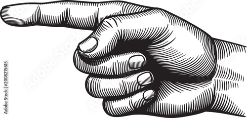 Vector illustration Detailed hand pointing left engraving with vintage woodcut shading and cross hatching line design.