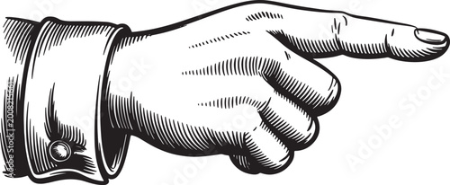 Fotografie Vector illustration Human hand pointing finger gesture in vintage engraving style with shirt cuff button and hatching