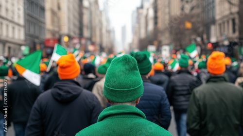 A crowd dressed in green and orange celebrates on a city street, waving Irish flags during a festive parade.