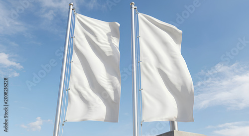 Two blank vertical white flags on poles for outdoor advertising mockup