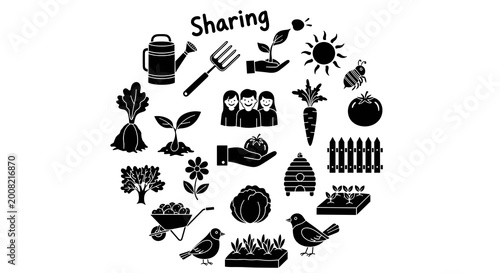 A circular arrangement of monochrome icons depicting communal farming activities, shared food production, and agricultural garden elements against a stark white background.