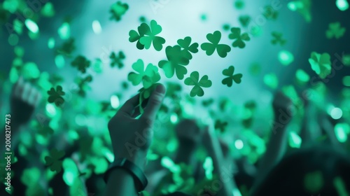 Hands raised at a lively celebration with green shamrocks floating in the air, creating a festive and joyful atmosphere.