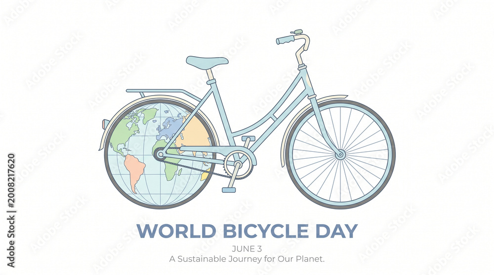 Fototapeta premium Flat illustration of a bicycle with Earth as the wheel, celebrating World Bicycle Day on June 3. Clean, modern design promoting eco-friendly transport, sustainable transportation, global cycling.