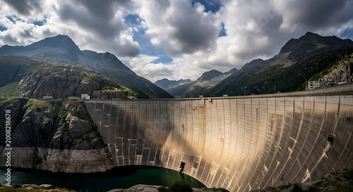 Cinematic aerial drone footage of a massive concrete dam wall and reservoir surrounded by epic mountain landscape under a cloudy sky