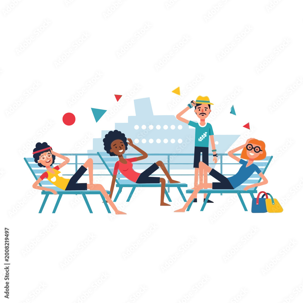 Fototapeta premium Flat vector illustration of diverse passengers relaxing on deck chairs on a cruise ship. Three people lounge while a man stands against a ship silhouette with geometric shapes.