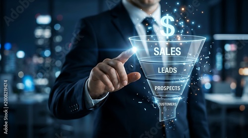 Businessman's hand touches a digital sales funnel with dollar sign, leading to sales, leads, prospects, and customers on a city background.