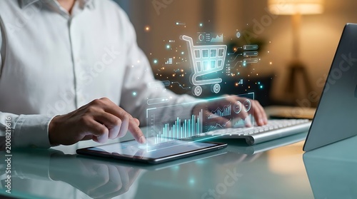 Digital E-commerce Shopping Cart Interface with Graphs and Charts, Person Using Tablet and Keyboard for Online Business Analysis