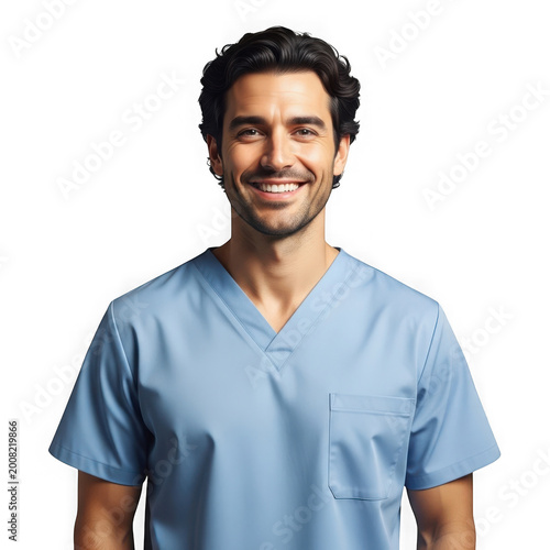 Smiling Male Doctor, Healthcare Professional in Blue Scrubs, Medical Expertise, Patient Care, White Background Portrait