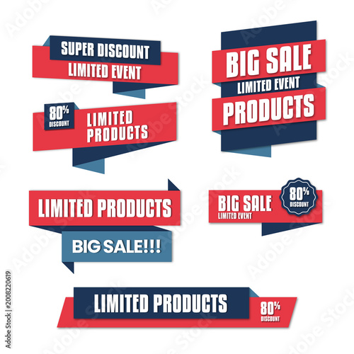 Foto Collection of red and blue ribbon sale banners featuring labels for limited event, big sale, 80 percent discount, and limited products, isolated on a white background