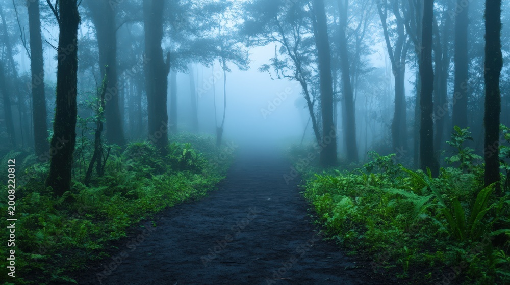 Fototapeta premium A misty forest pathway surrounded by lush green foliage and tall trees, with fog creating a mysterious and tranquil atmosphere.