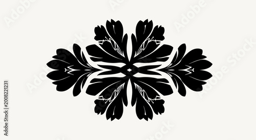 Tablou pe pânză Symmetrical Black Floral Ornament on White Background, Elegant Flourish Design