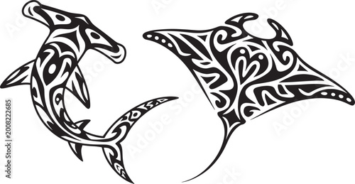 Tribal sea life tattoo design featuring hammerhead shark and manta ray with ethnic pattern ornaments.
