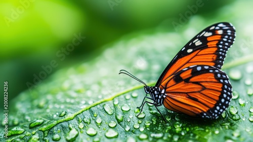 A vibrant orange butterfly rests on a dew-covered green leaf, surrounded by a lush, blurred natural background.