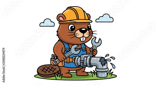Fotografi Beaver wearing hard hat fixing pipe.