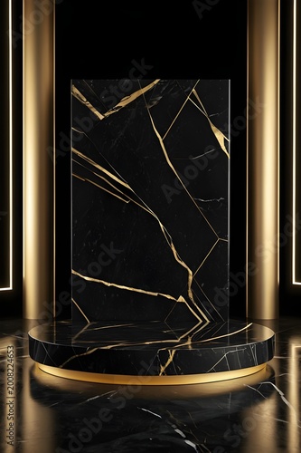 Luxury Black Marble Empty Podium Background with Golden Lighting