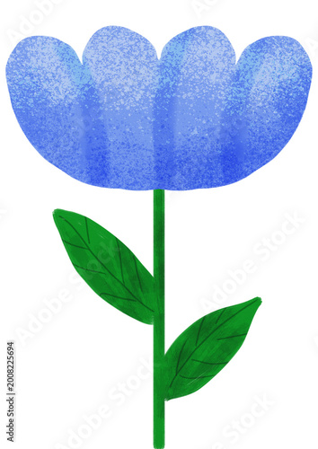 Hand Drawn Blue Floral Clipart PNG with Stem and Leaves Transparent Background, Simple Blue Flower Illustration PNG for Botanical and Minimal Design