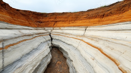 Exposed geological layers with striking white and red strata, highlighting earth