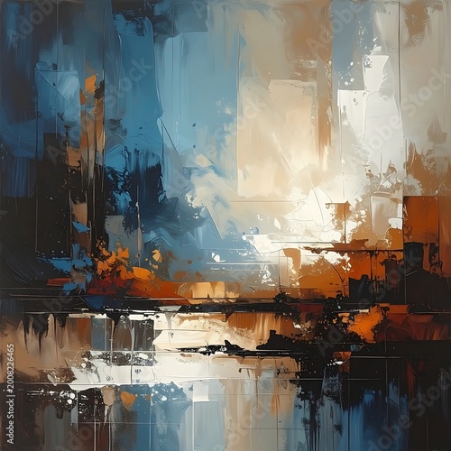 A vibrant abstract painting with blue, orange, and white hues