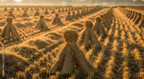 Scarecrows standing in a wheat field at sunset