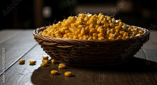 Golden Corn Kernels in a Woven Basket on a Wooden Table
