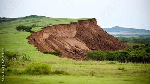 A large landslide exposes soil layers on a grassy hillside, with green vegetation surrounding the eroded earth under a cloudy sky.